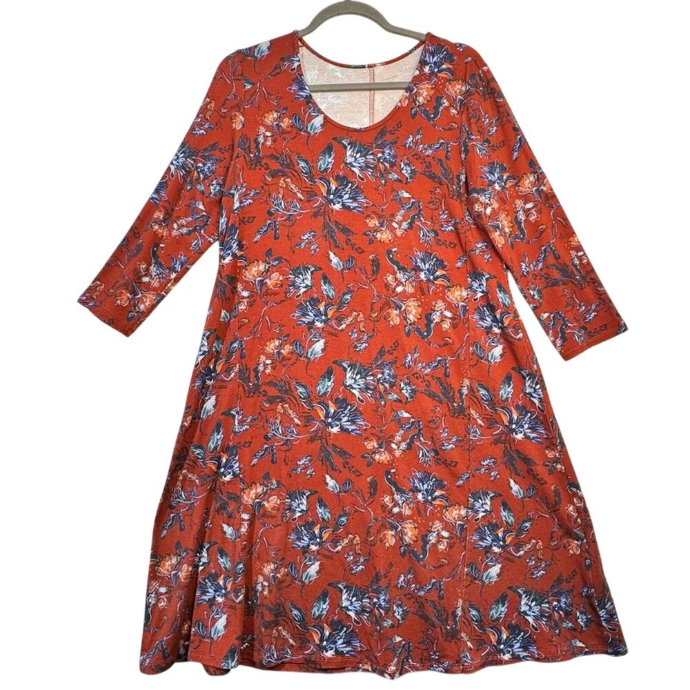 Garnet Hill Red Floral Boho Soft Jersey Knit Trapeze Swing Dress Size 12 Scoop